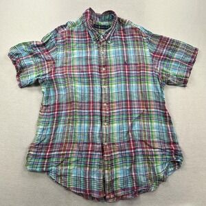 Ralph Lauren Shirt Mens 2XL Linen Madras Button Down Short Sleeve Plaid Pony